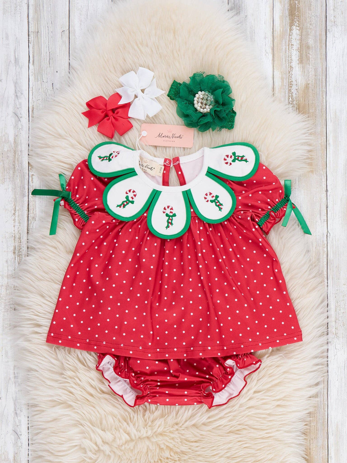 Candy Cane Embroidered Scallop Bow Outfit- Red