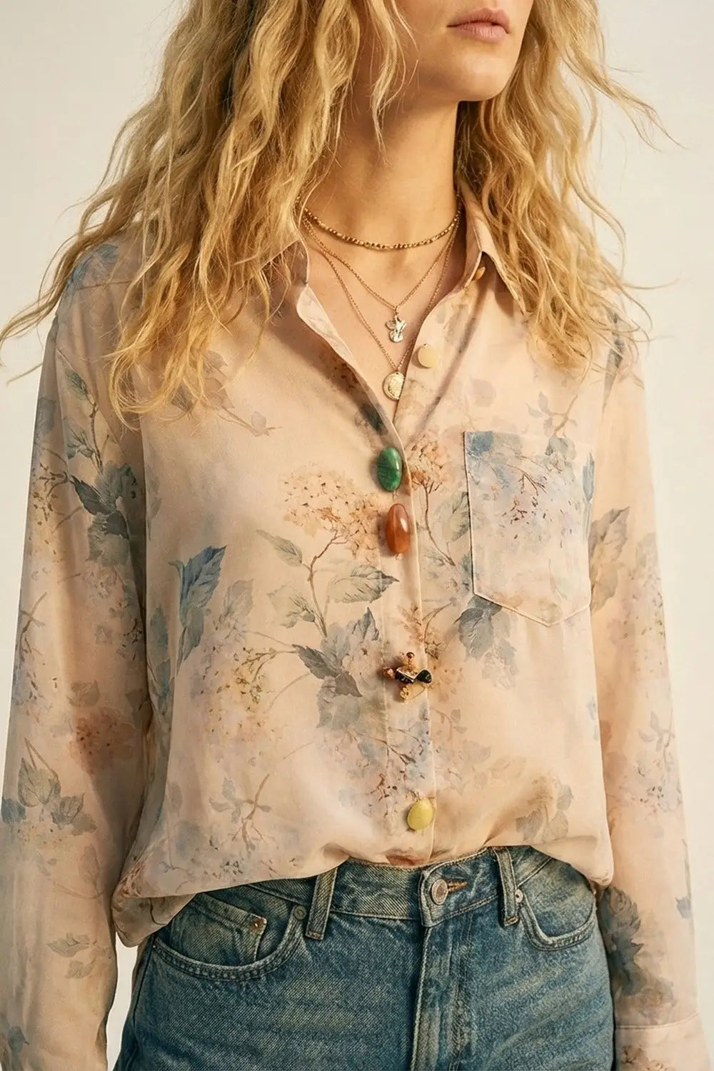 Floral Print Button-Up Sheer Blouse- Beige