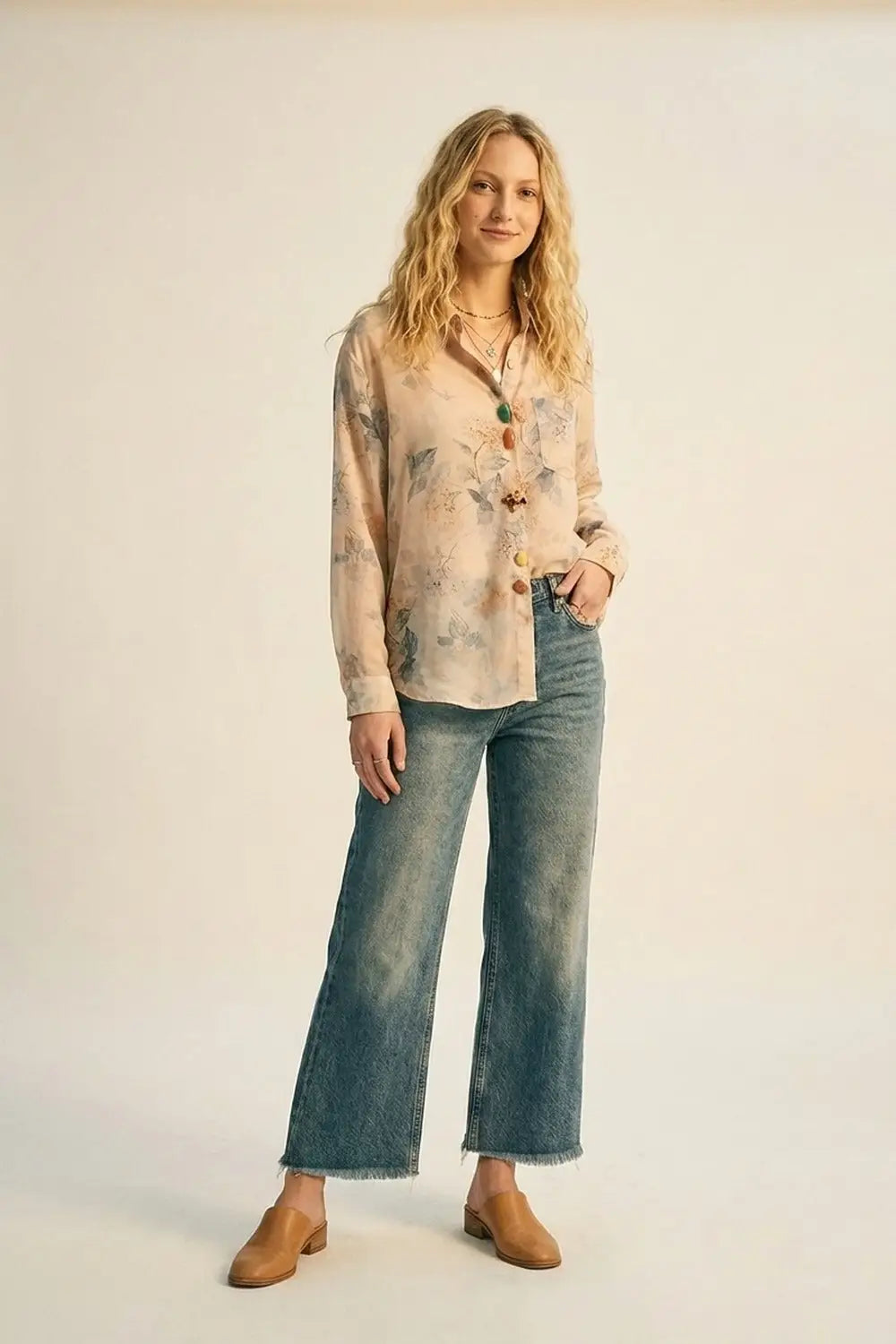 Floral Print Button-Up Sheer Blouse- Beige