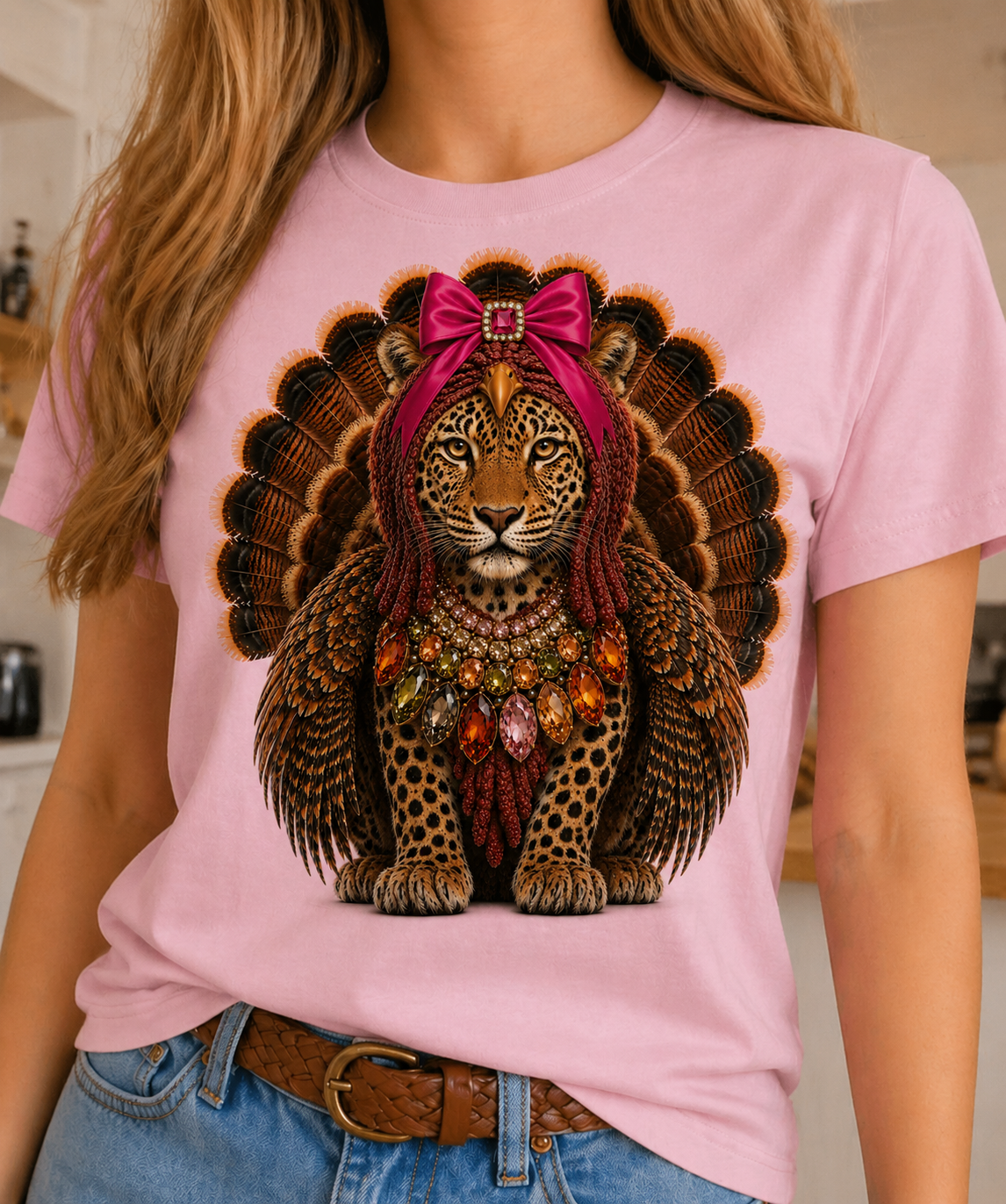 Jeweled Collar Turkey Leopard Graphic Tee