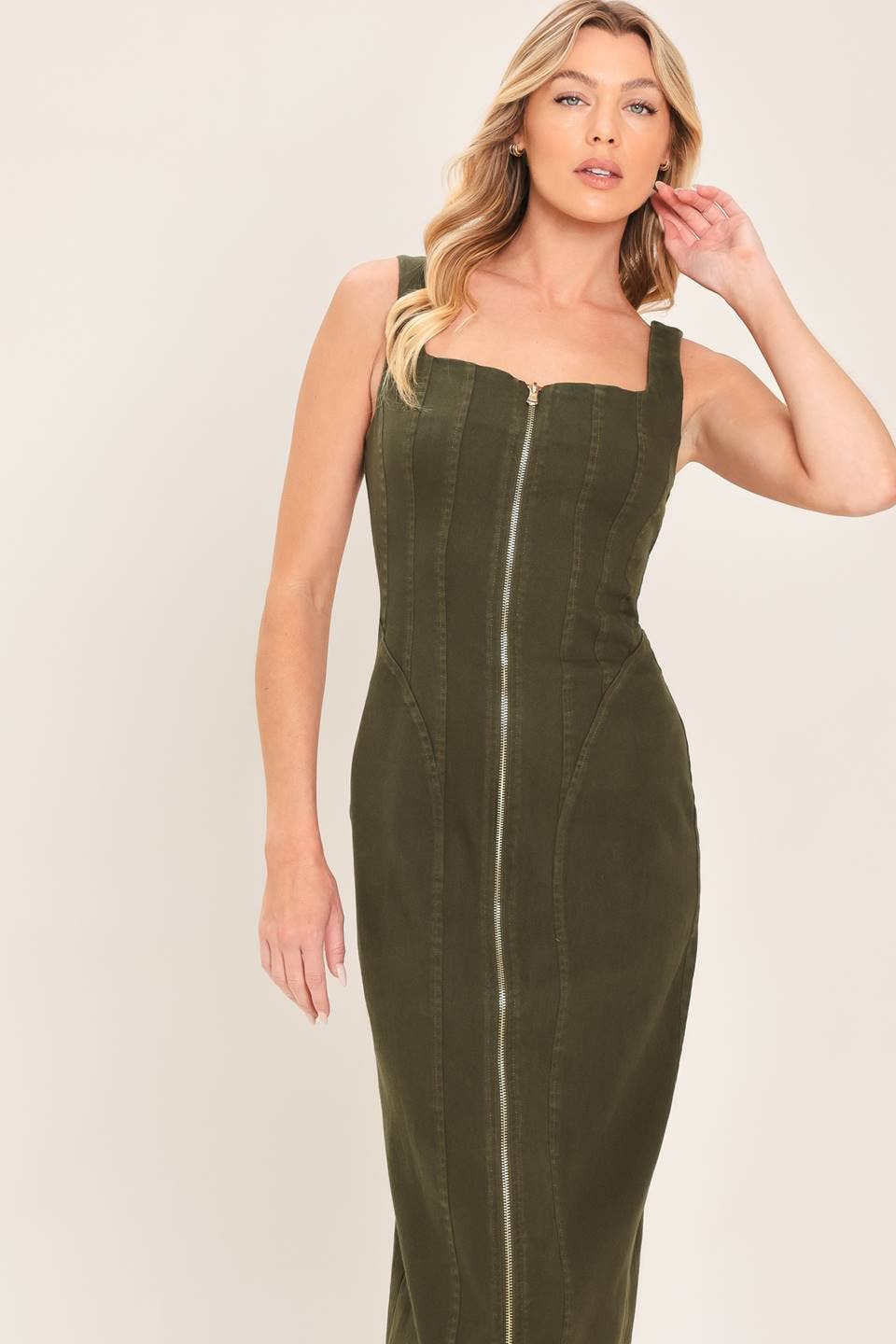 Cargo Woven Twill Midi Dress- Olive