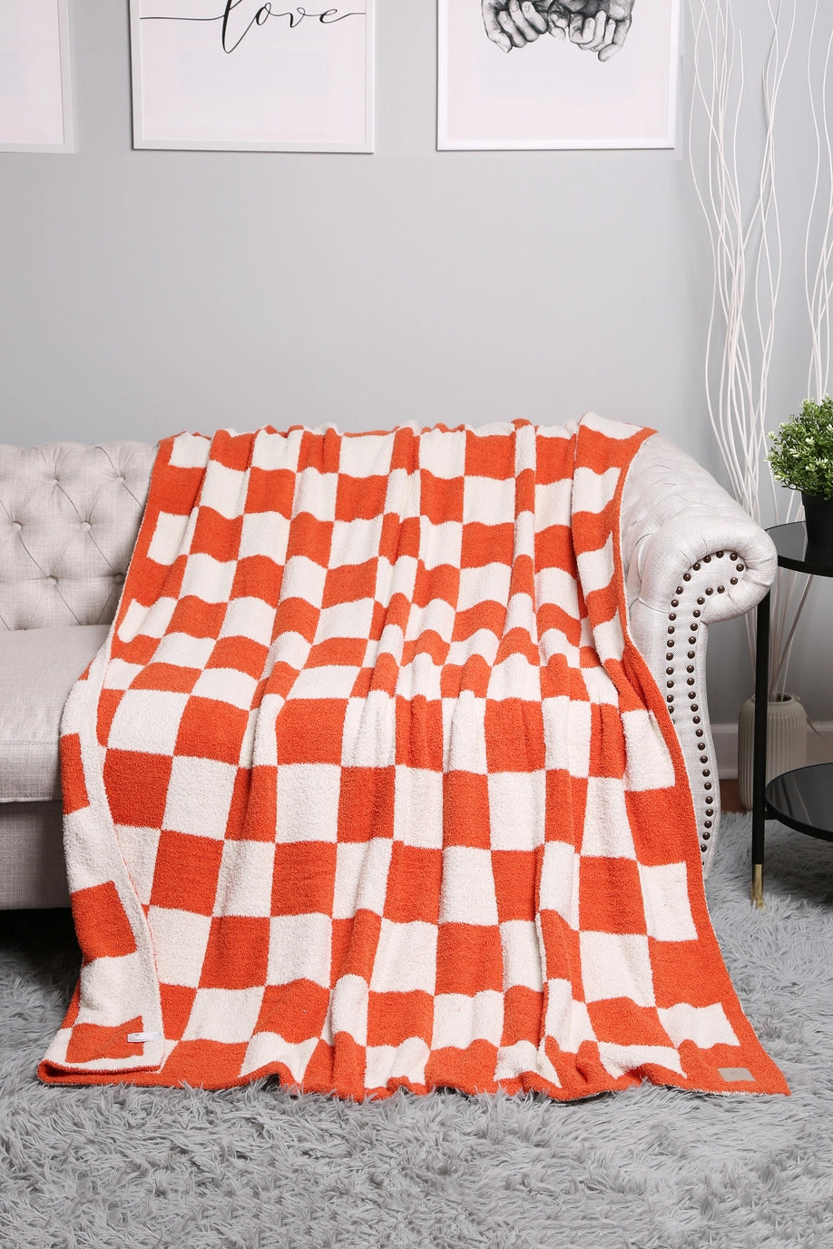 Super Lux Checkered Print Blanket- Orange & White