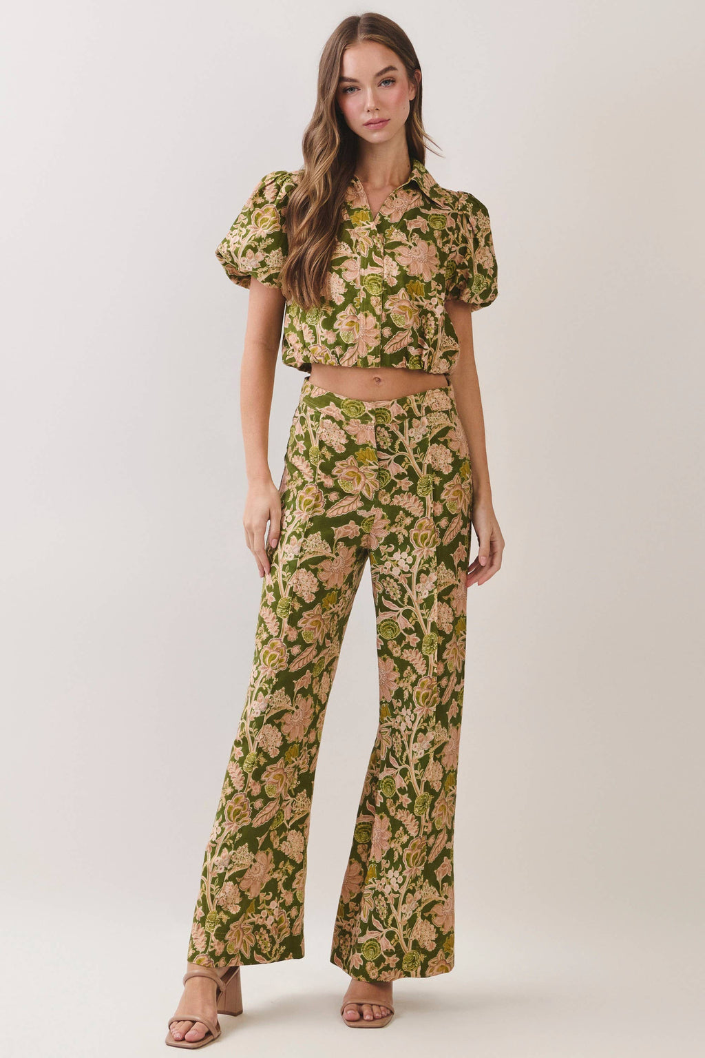 Floral Print Wide Leg Long Pants- Green