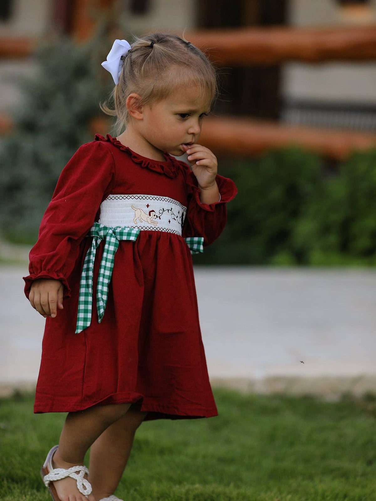 Christmas Embroidered Dress with Plaid Bow- Red