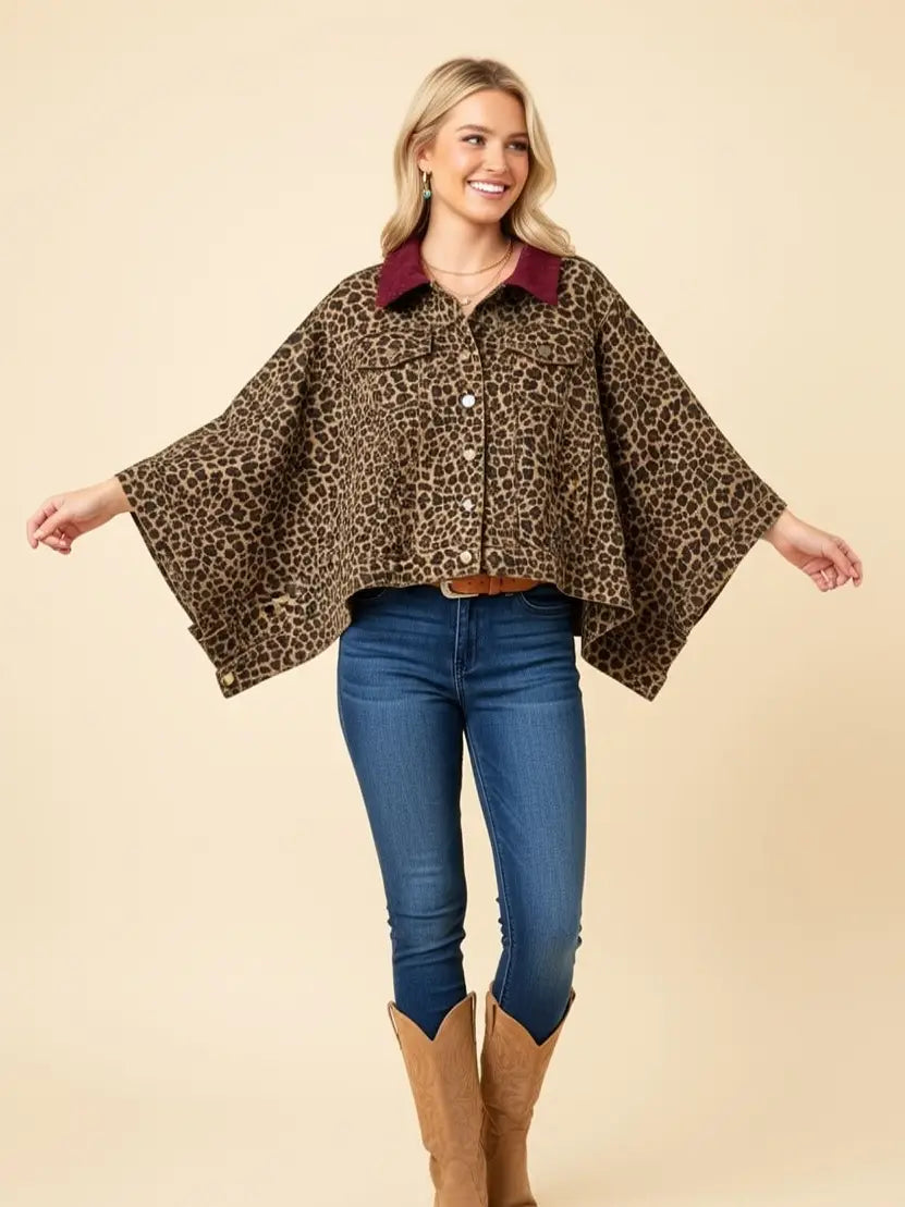 Plus Size Leopard Print Corduroy Collar Denim Jacket