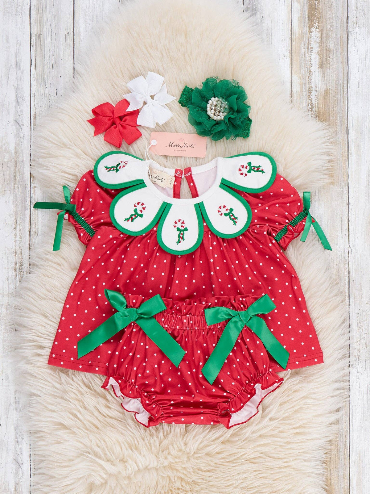 Candy Cane Embroidered Scallop Bow Outfit- Red