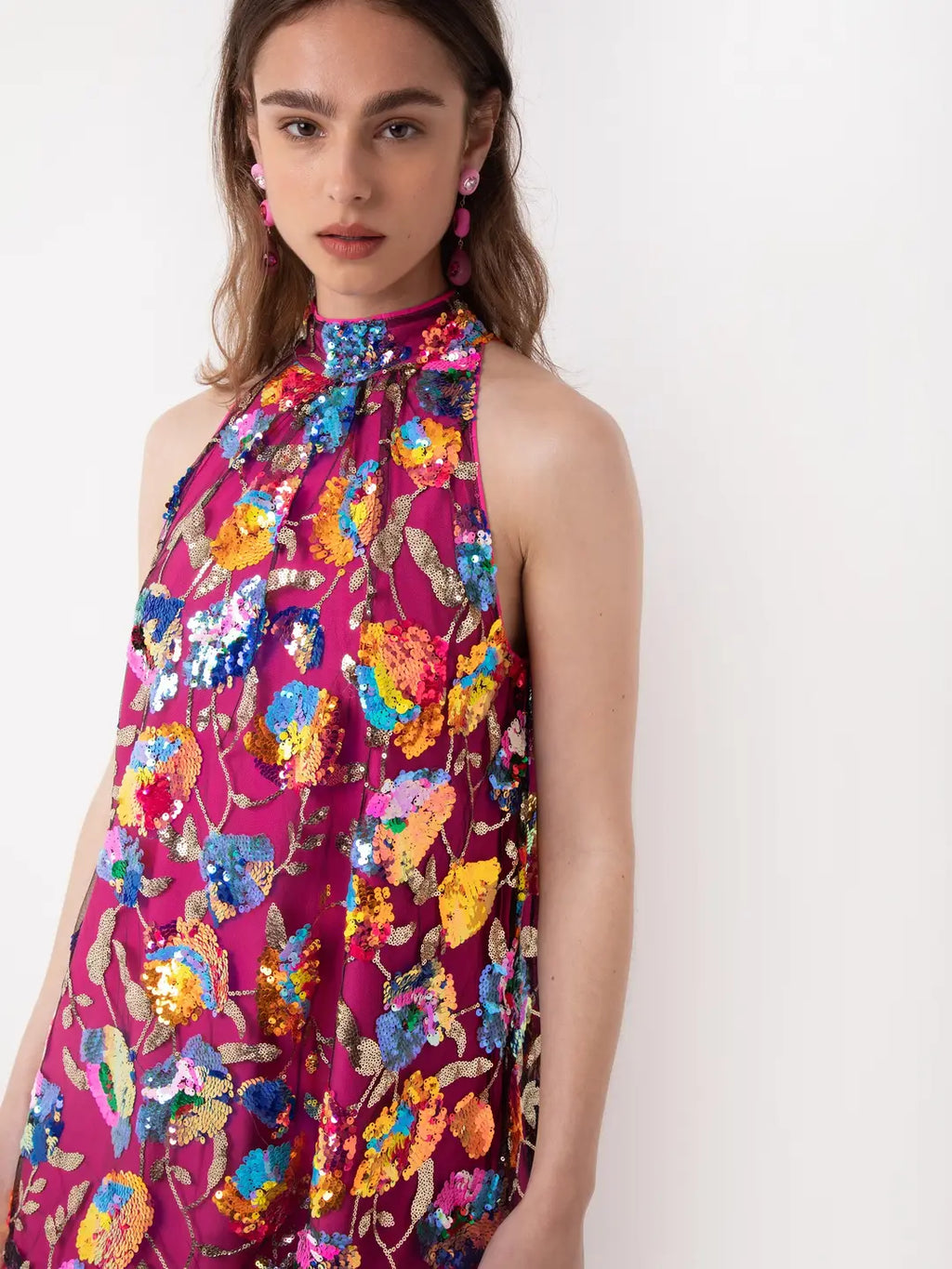 Floral Overlay Sleeveless Halter Dress- Pink