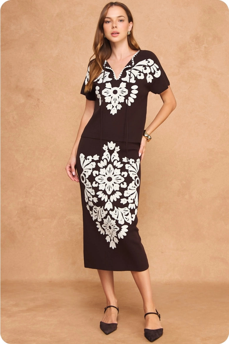 Embroidered 2pc Knit Set- Brown