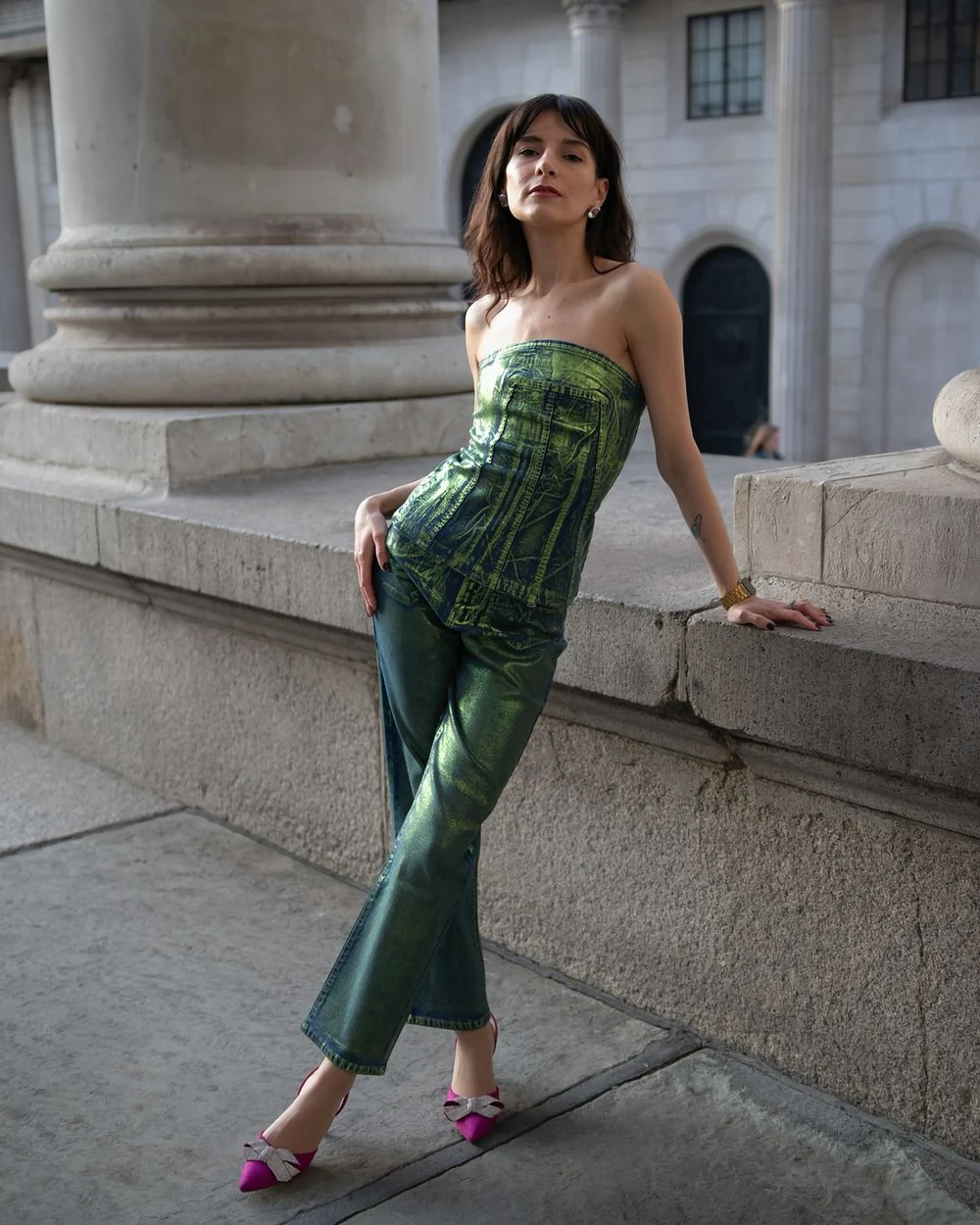 Denim Foil Coated Pants- Green