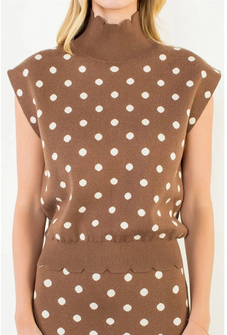 Sleeveless Polka Dot Knit Top- Brown/White