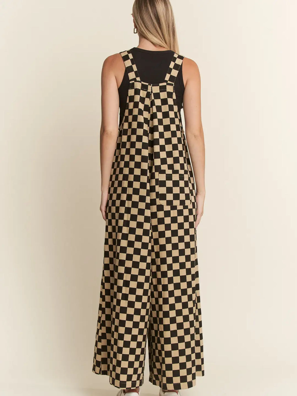 Checkered Wide Leg Overalls- Mocha/Black