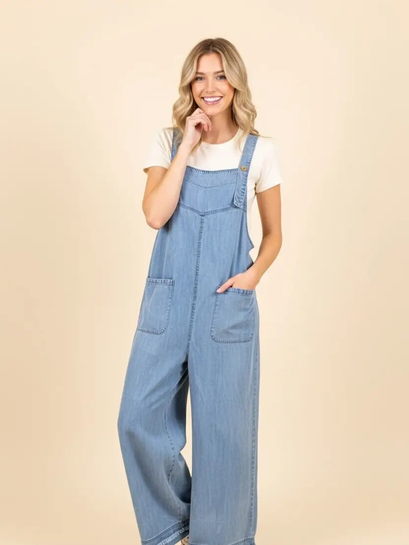 Plus Size Wide-Leg Denim Overalls- Light Denim
