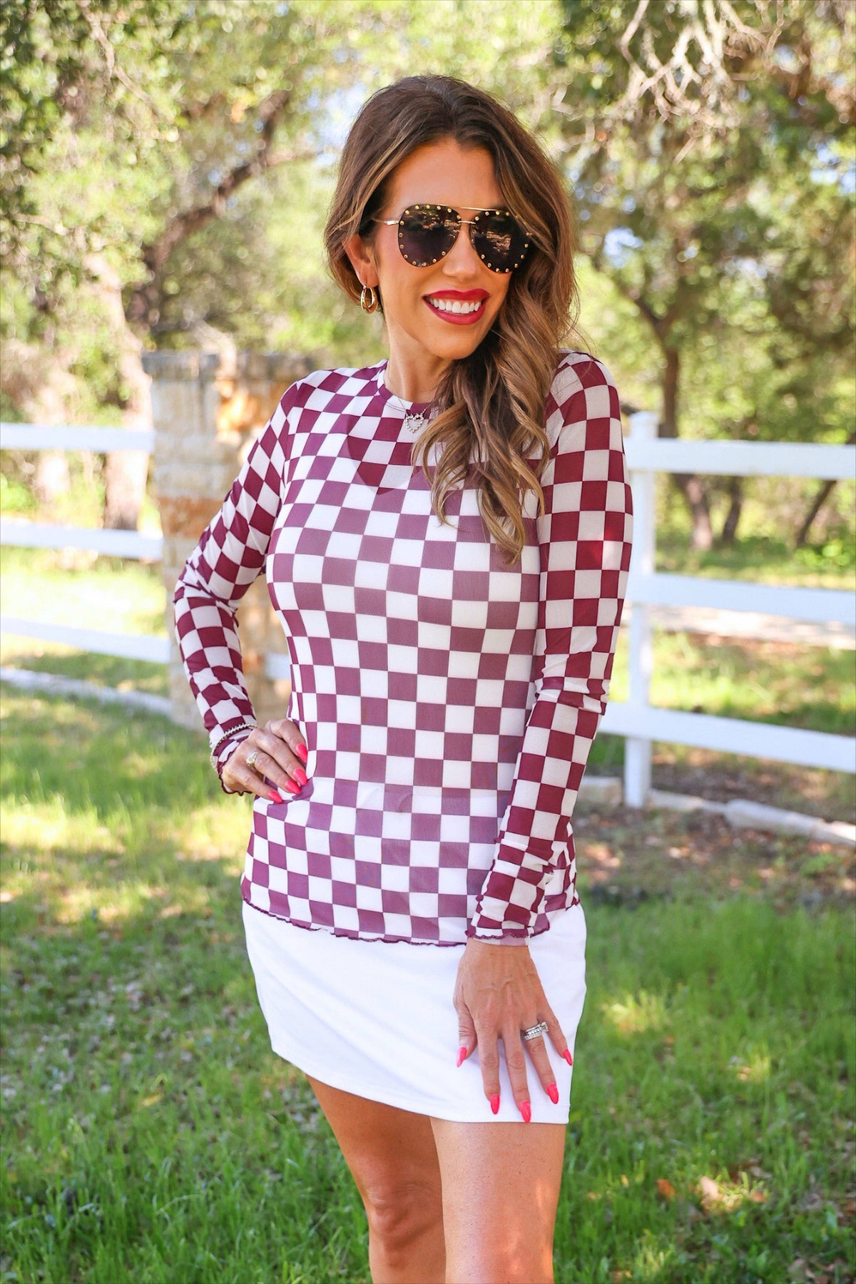 Checkered Mesh Top- Maroon