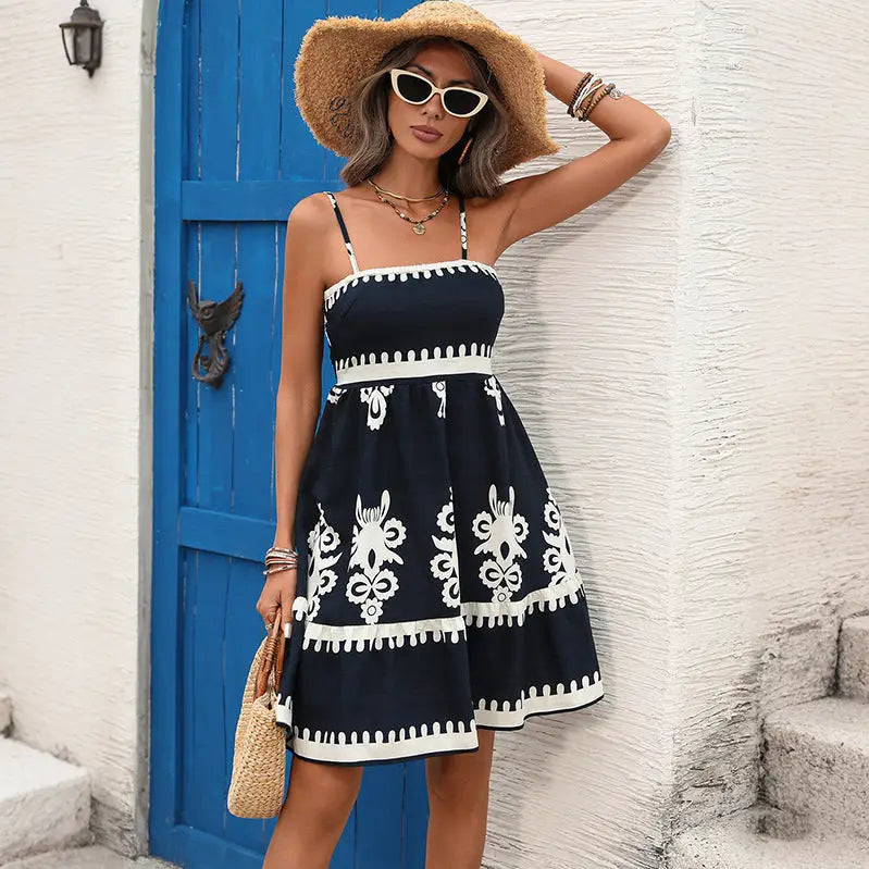 Boho Print Mini Dress- Navy Blue