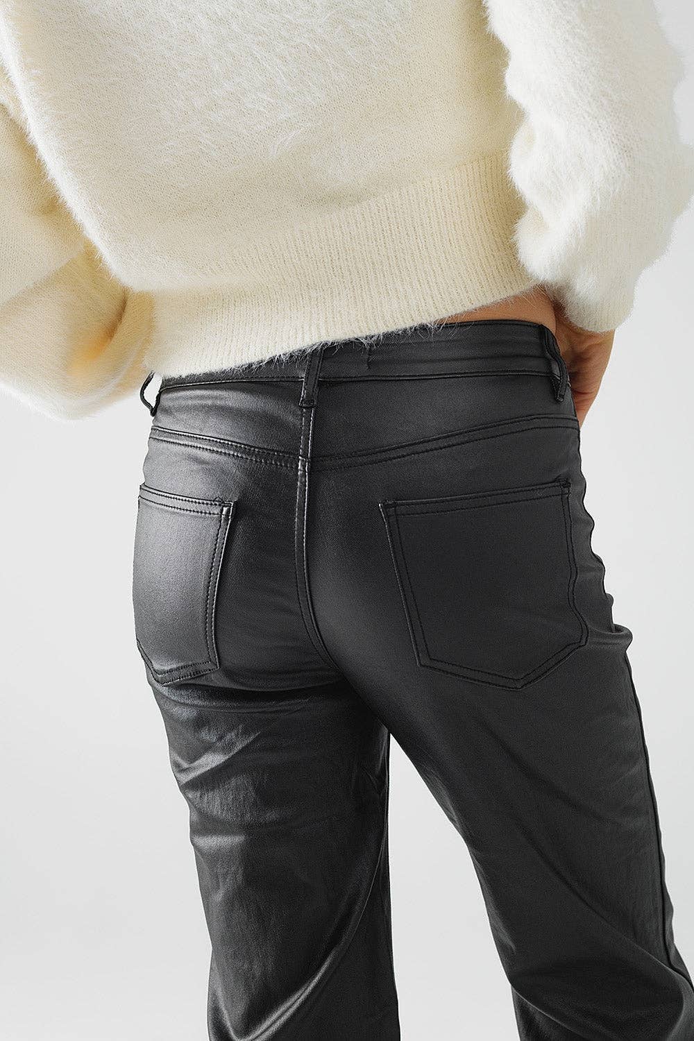 Faux Leather Trousers With Buttons- Black