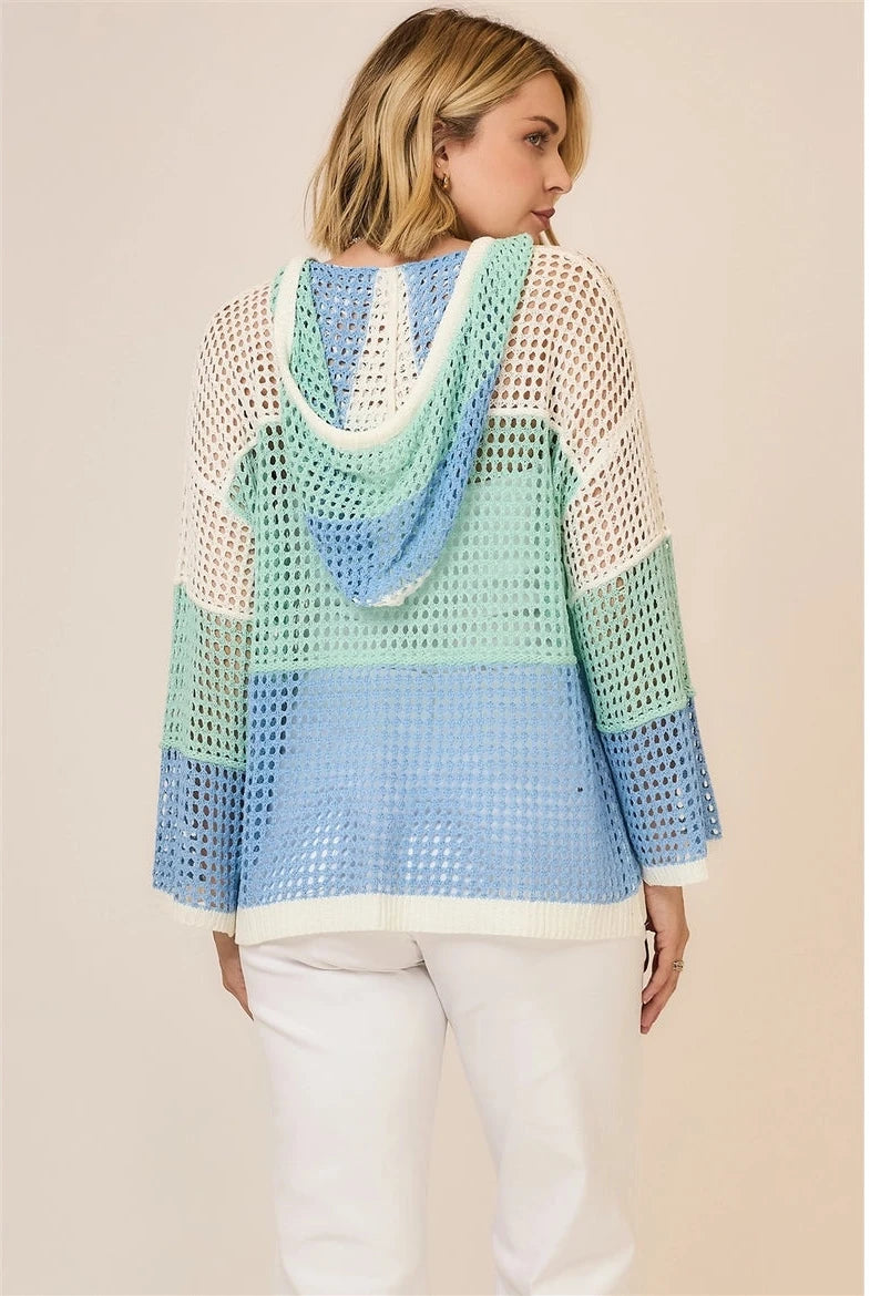 Plus Size Open Knit Color Block Hood Sweater
