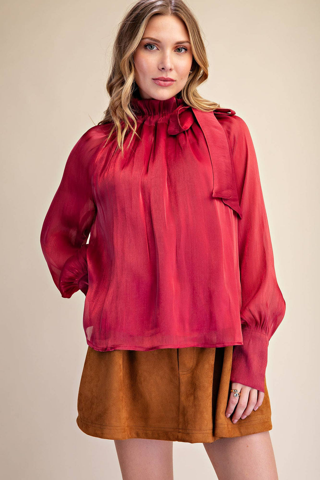 Ruffle Neck Adjustable Tie Long Sleeve Blouse- Burgundy