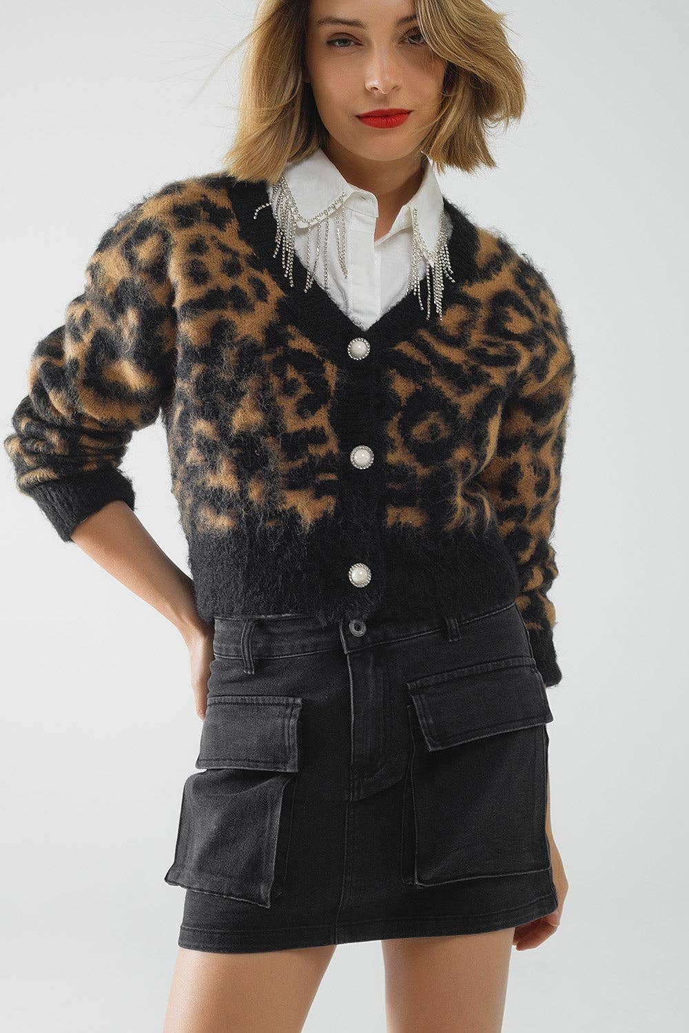 Leopard Print Wool Cardigan- Black/Brown