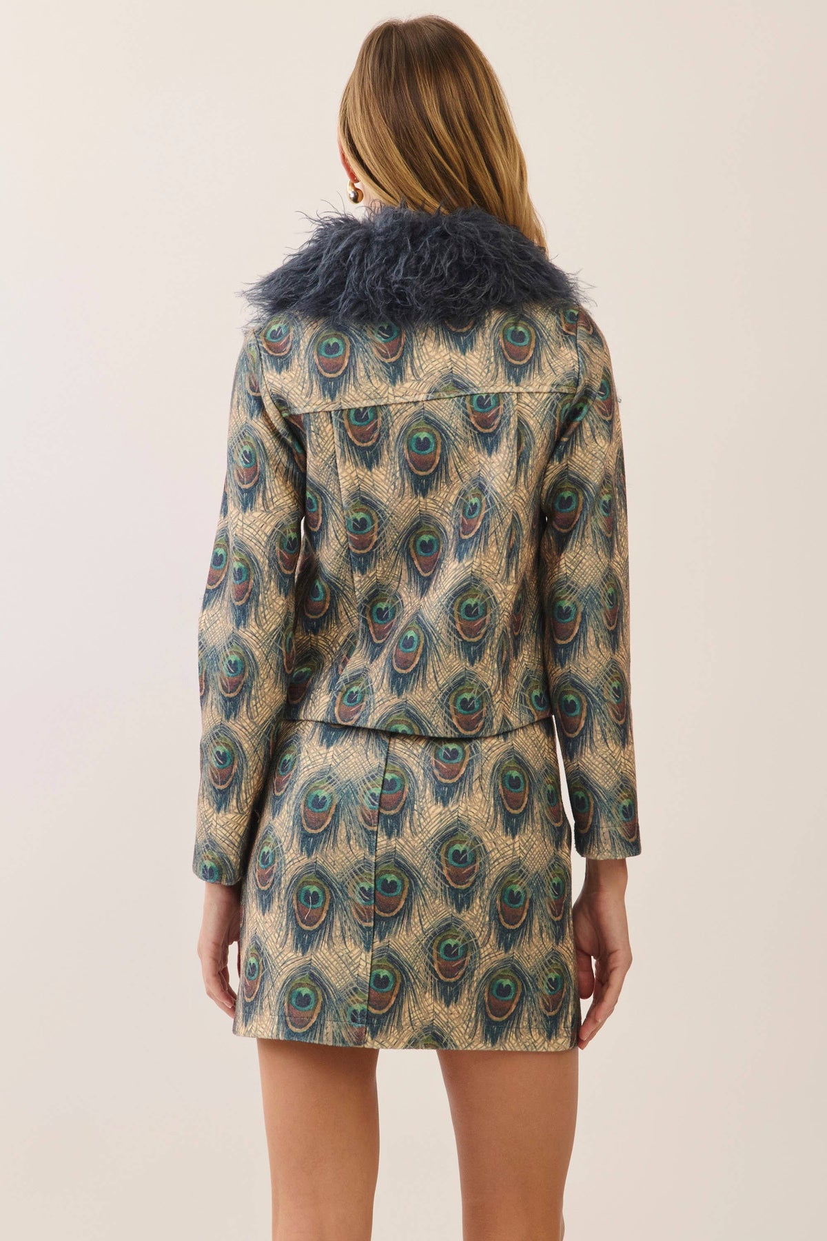 Peacock Print Faux Fur Collar Jacket- Navy