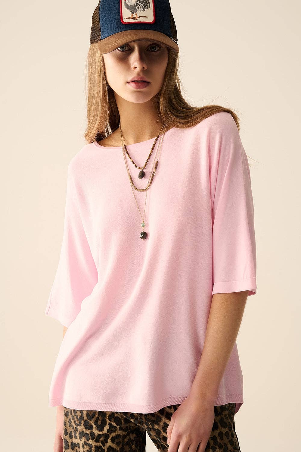 Oversized Sweater with Elbow-Length Sleeves- Pink