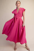 V-Neck Drop Shoulder Midi Dress- Pink