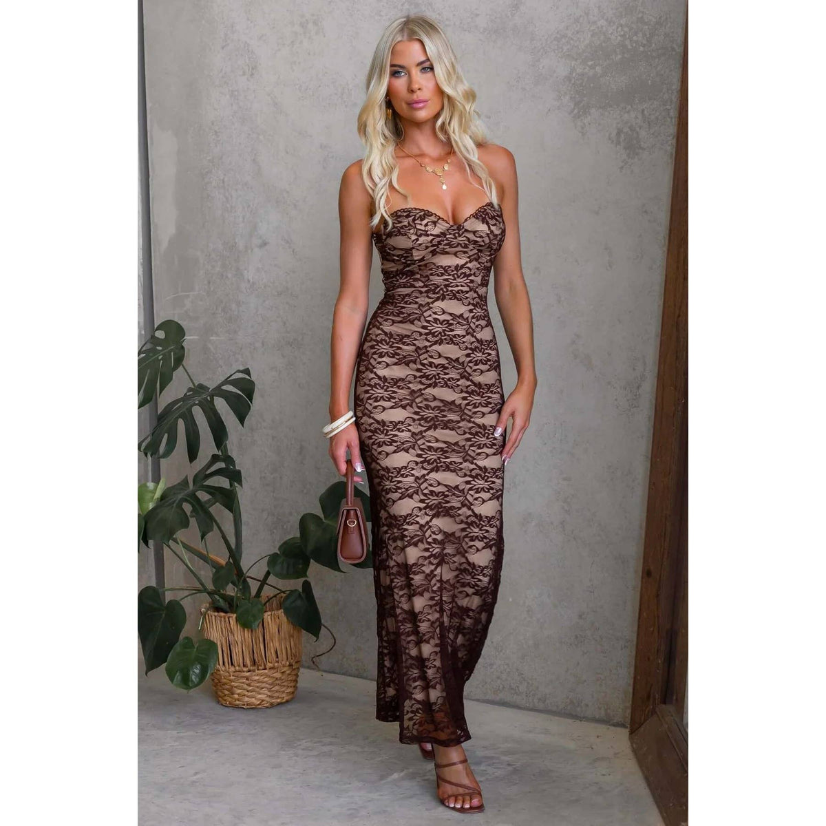 Strapless Lace Maxi Dress- Brown