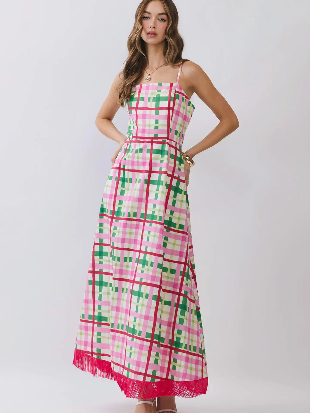 Plaid Contrast Fringe Hem Maxi Dress