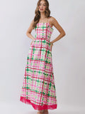 Plaid Contrast Fringe Hem Maxi Dress