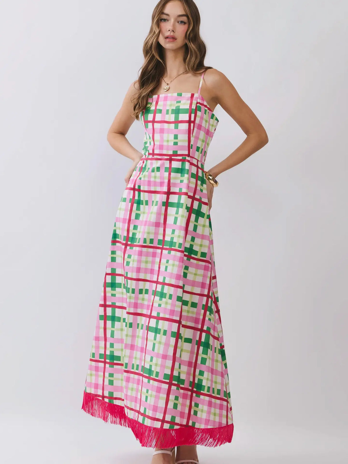 Plaid Contrast Fringe Hem Maxi Dress