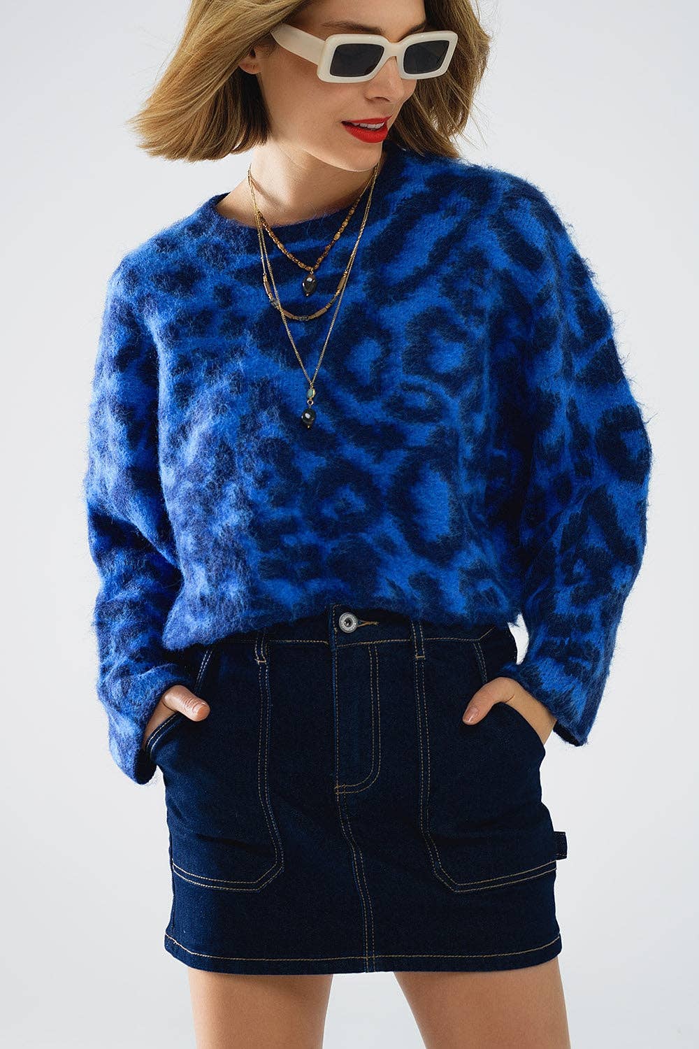 Leopard Print Wool Sweater- Blue