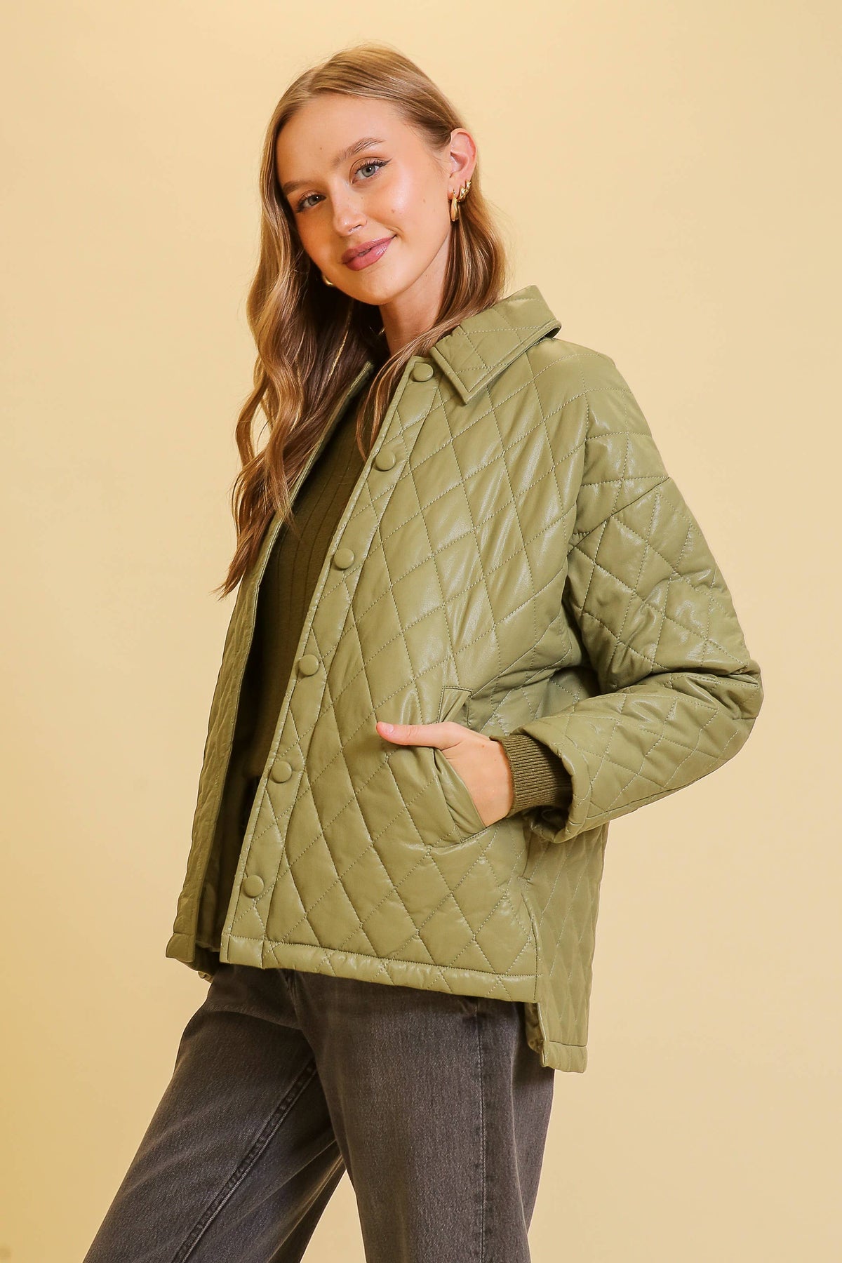 Faux Leather Quilted Jacket- Green