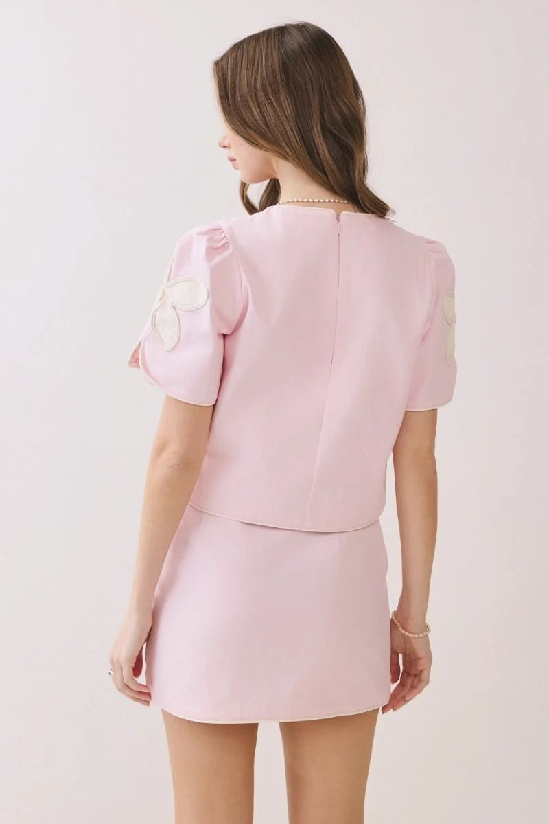 Floral Short Puff Sleeve Top- Pink