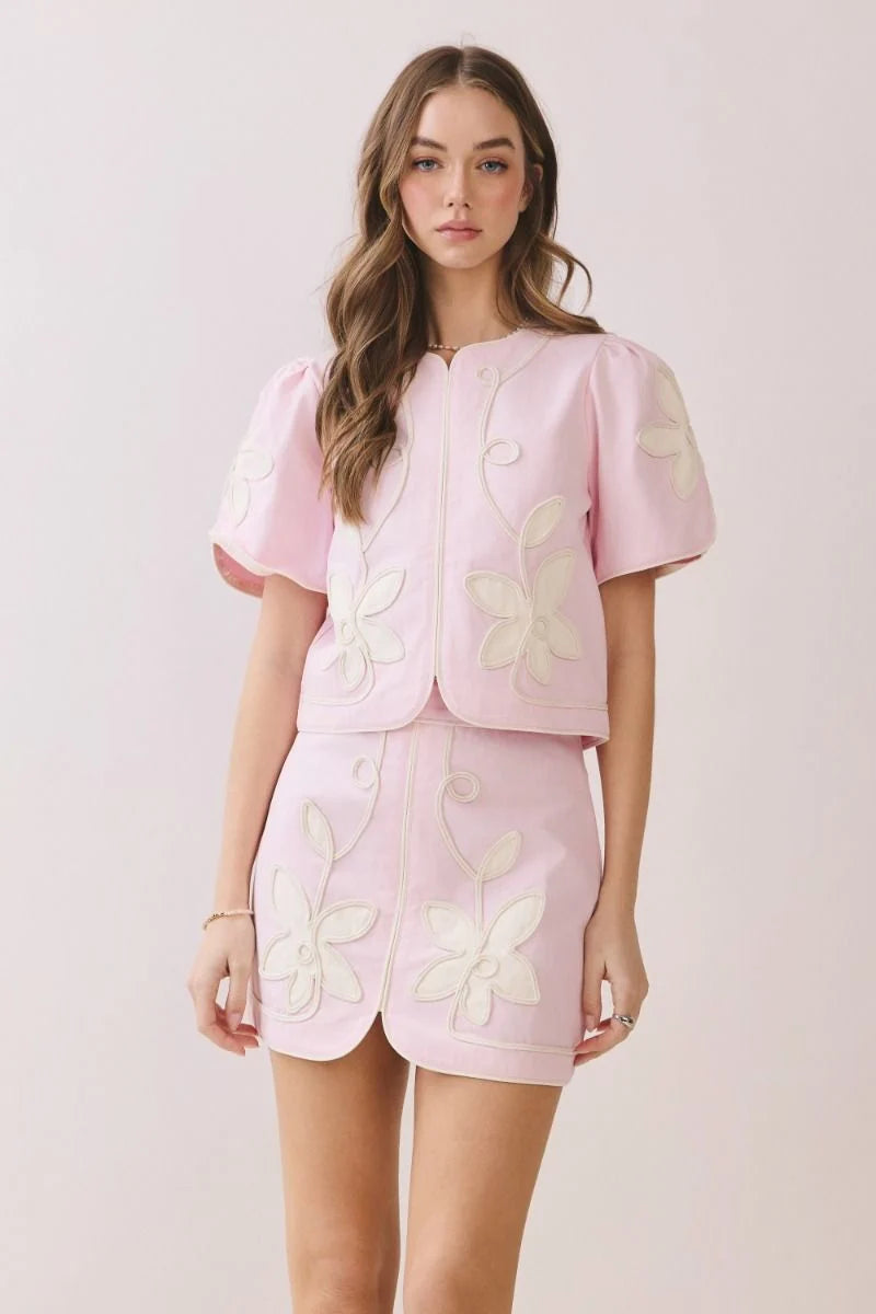 Floral Short Puff Sleeve Top- Pink