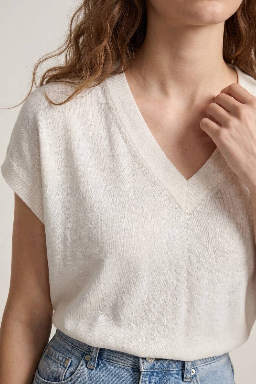 V-Neck Short Sleeve Knit Sweater- White