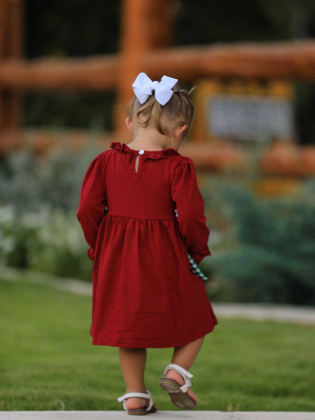 Christmas Embroidered Dress with Plaid Bow- Red