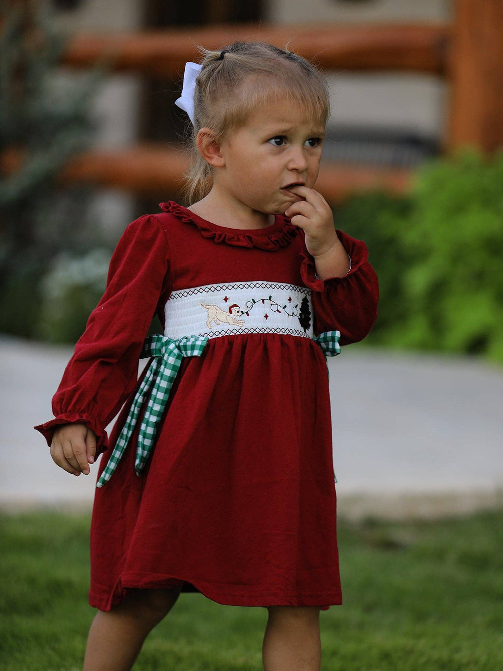 Christmas Embroidered Dress with Plaid Bow- Red