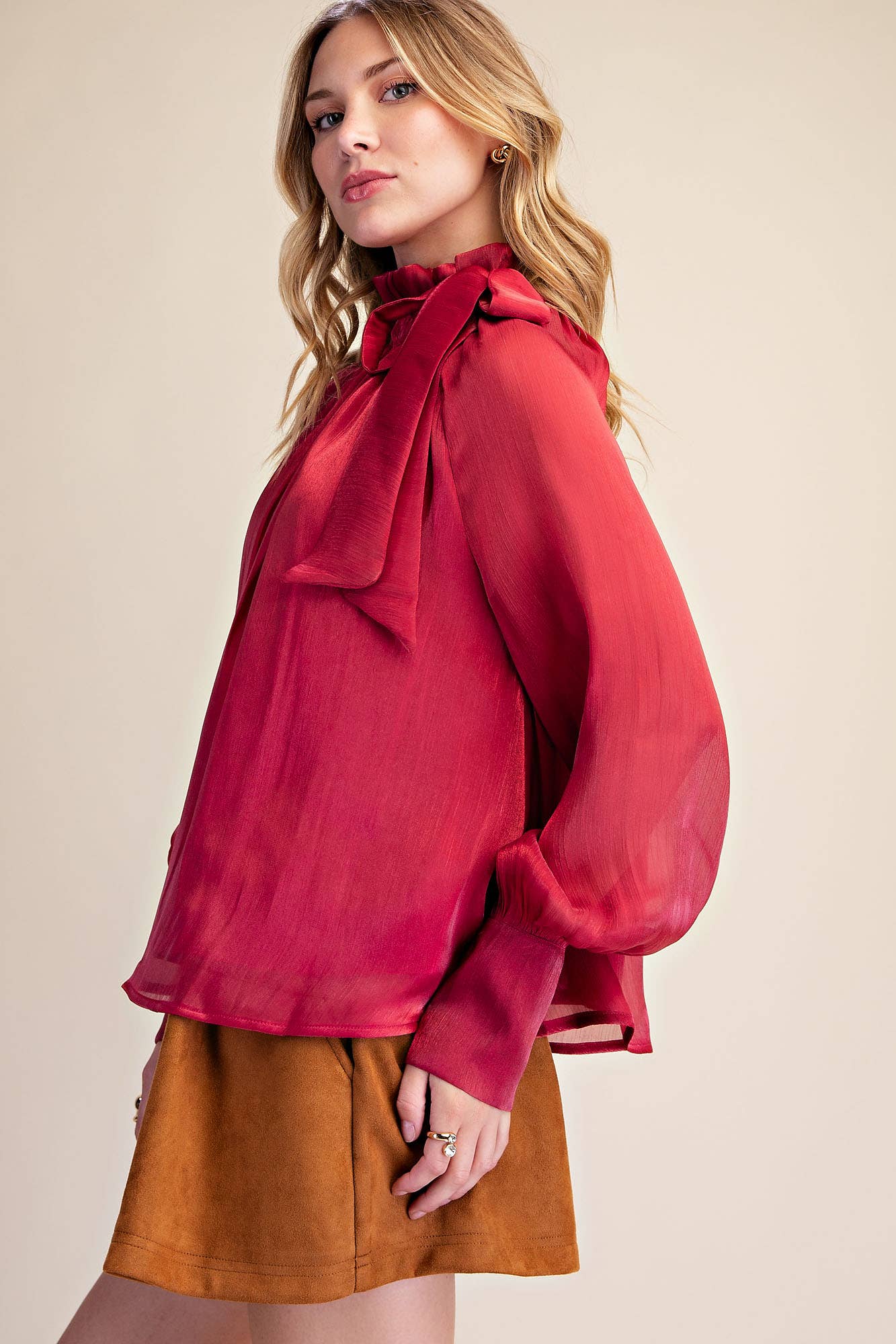 Ruffle Neck Adjustable Tie Long Sleeve Blouse- Burgundy