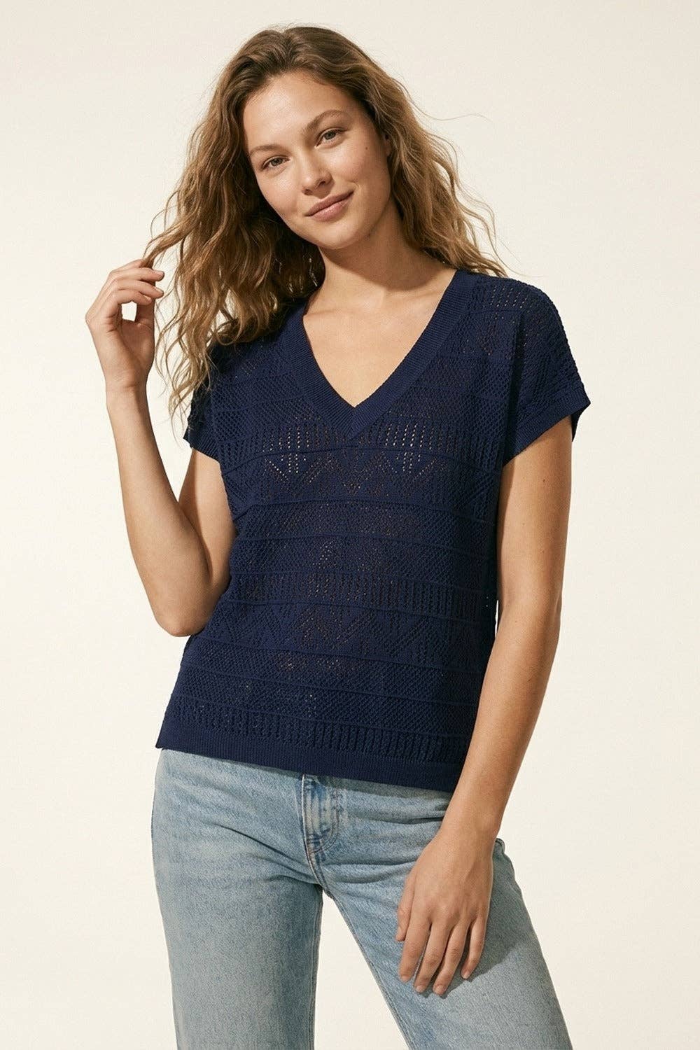 V-Neck Knit Top- Navy