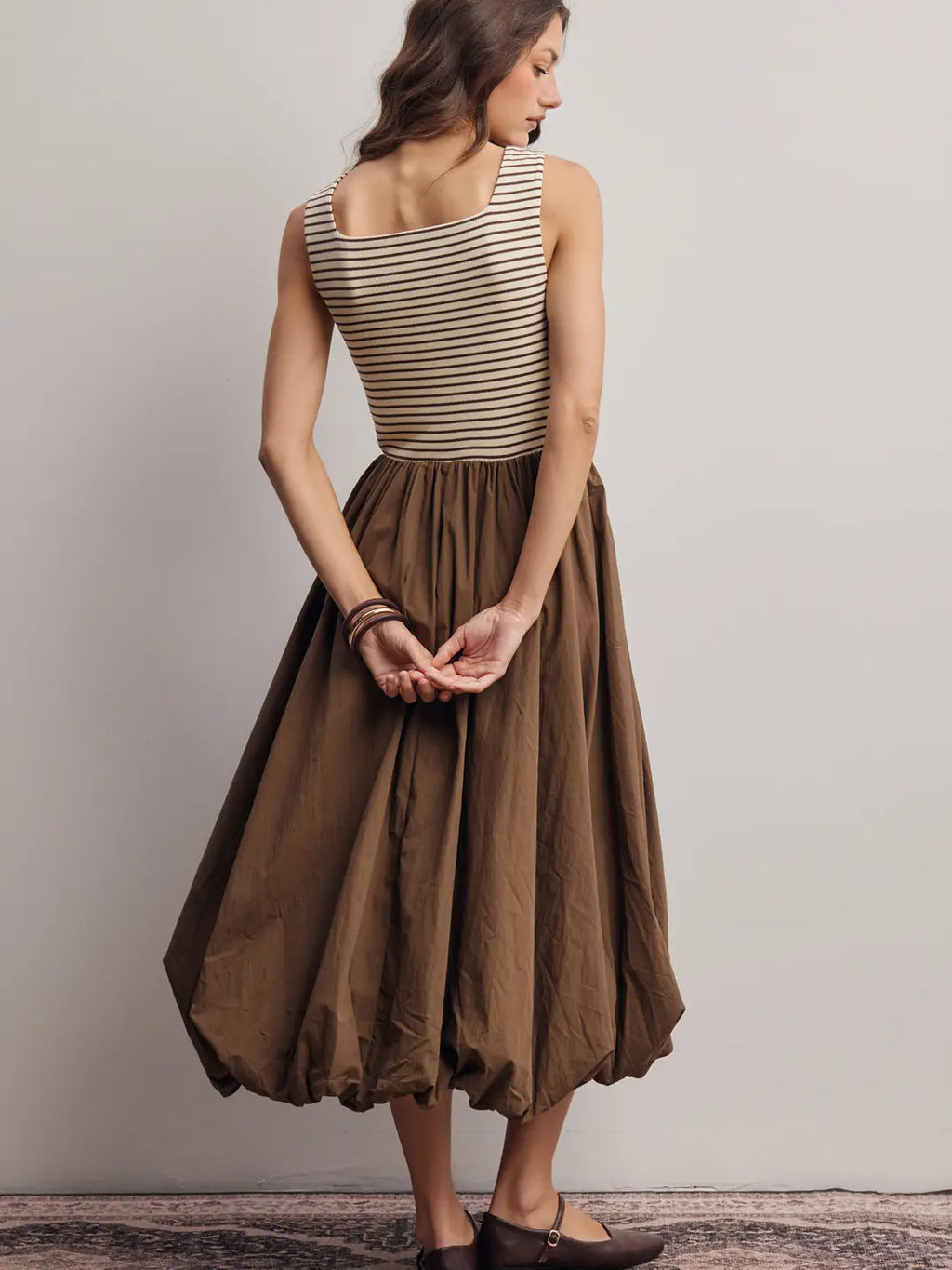 Striped Tank Balloon Skirt Midi Dress- Mocha