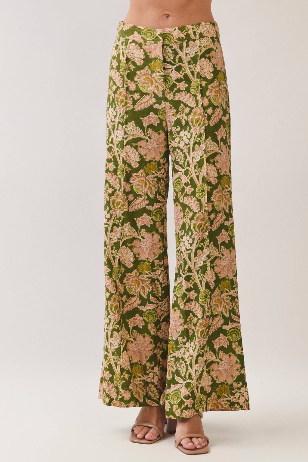 Floral Print Wide Leg Long Pants- Green