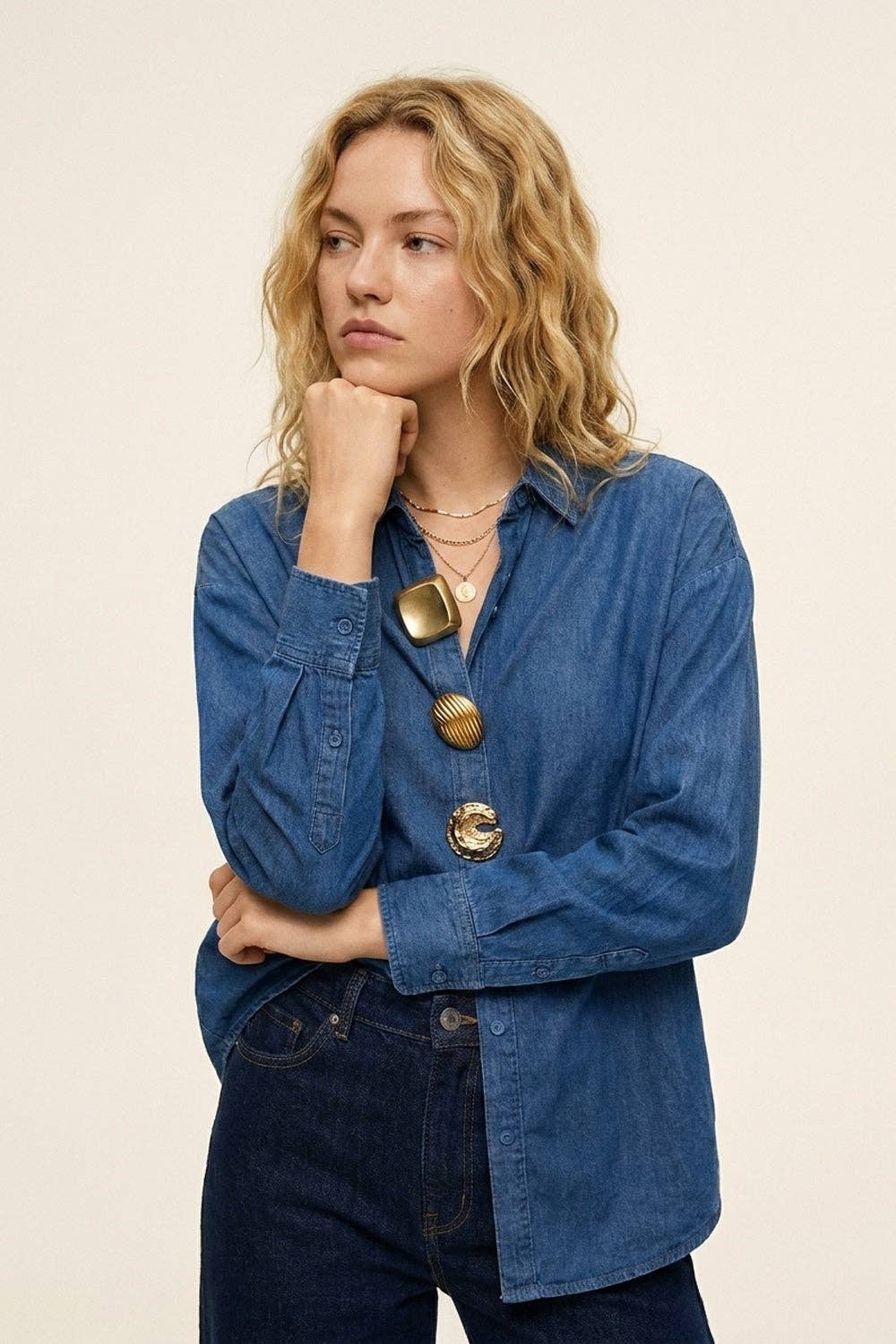 Denim Oversize Shirt with Gold Buttons- Blue