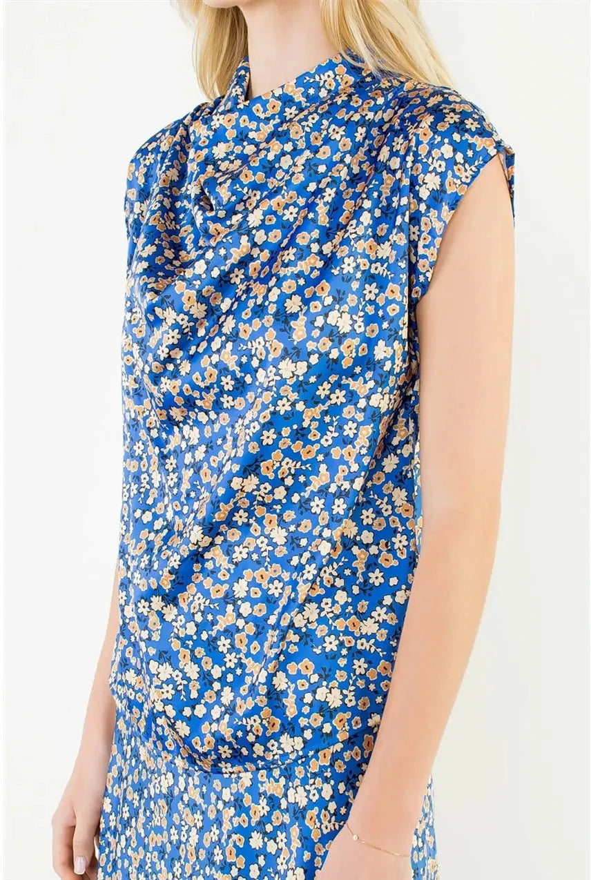 Floral Cowl Neck Sleeveless Top- Blue