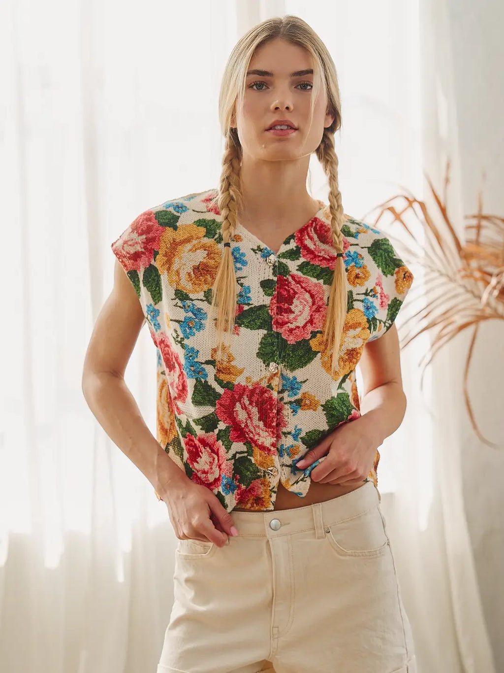 Floral Tapestry Button Knit Top