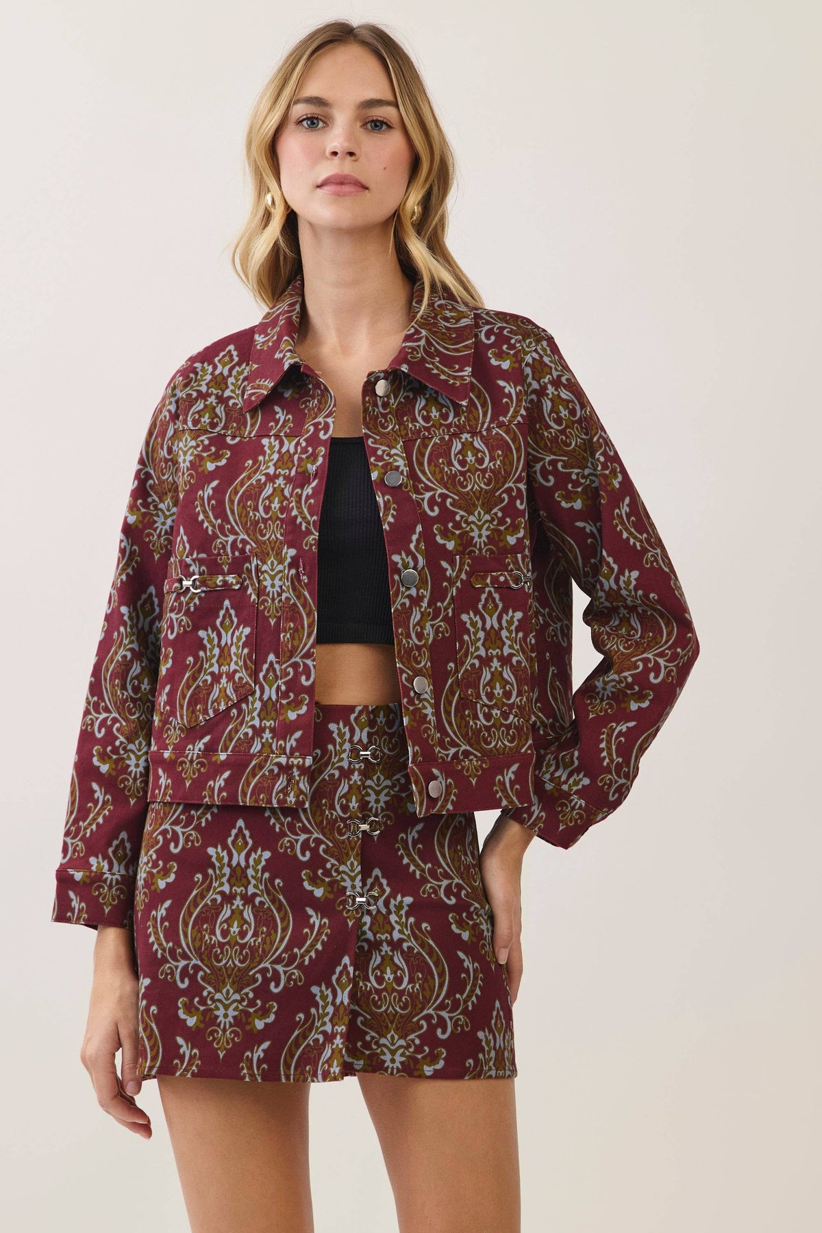Paisley Print Utility Jacket- Burgundy