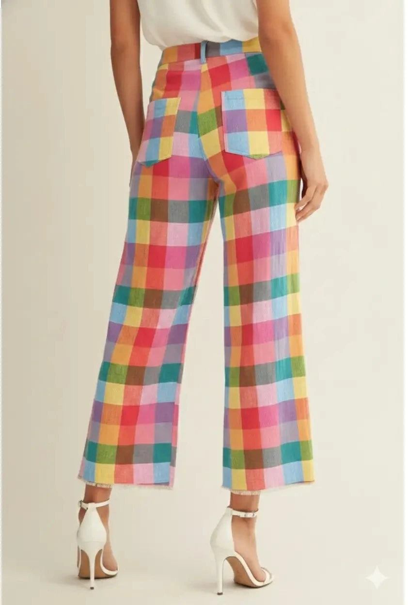 Check Pattern Wide Leg Tailored Pants