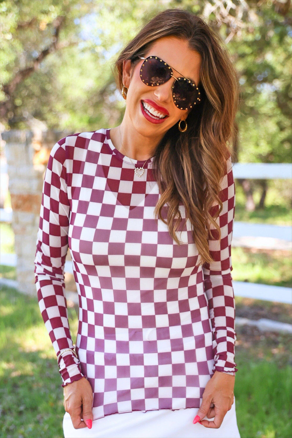Checkered Mesh Top- Maroon
