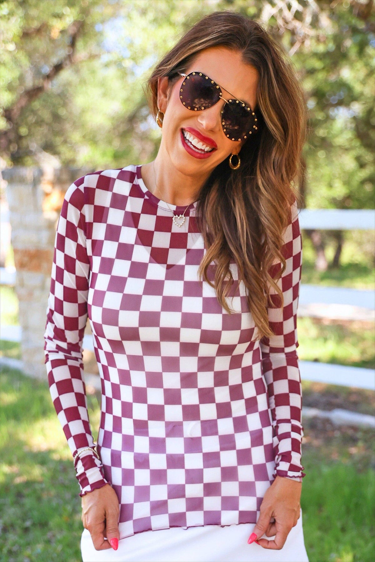 Checkered Mesh Top- Maroon