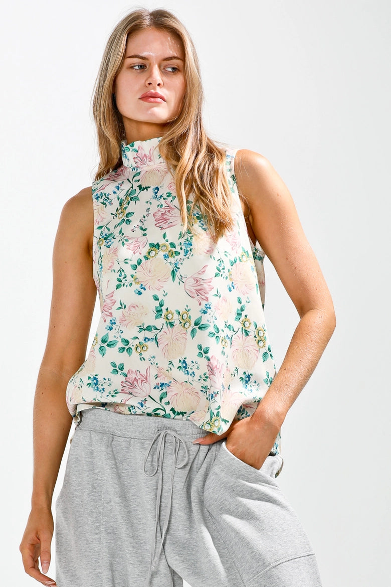 Ruffle High Neck Flower Printed Sleeveless Top- Cream