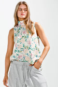 Ruffle High Neck Flower Printed Sleeveless Top- Cream