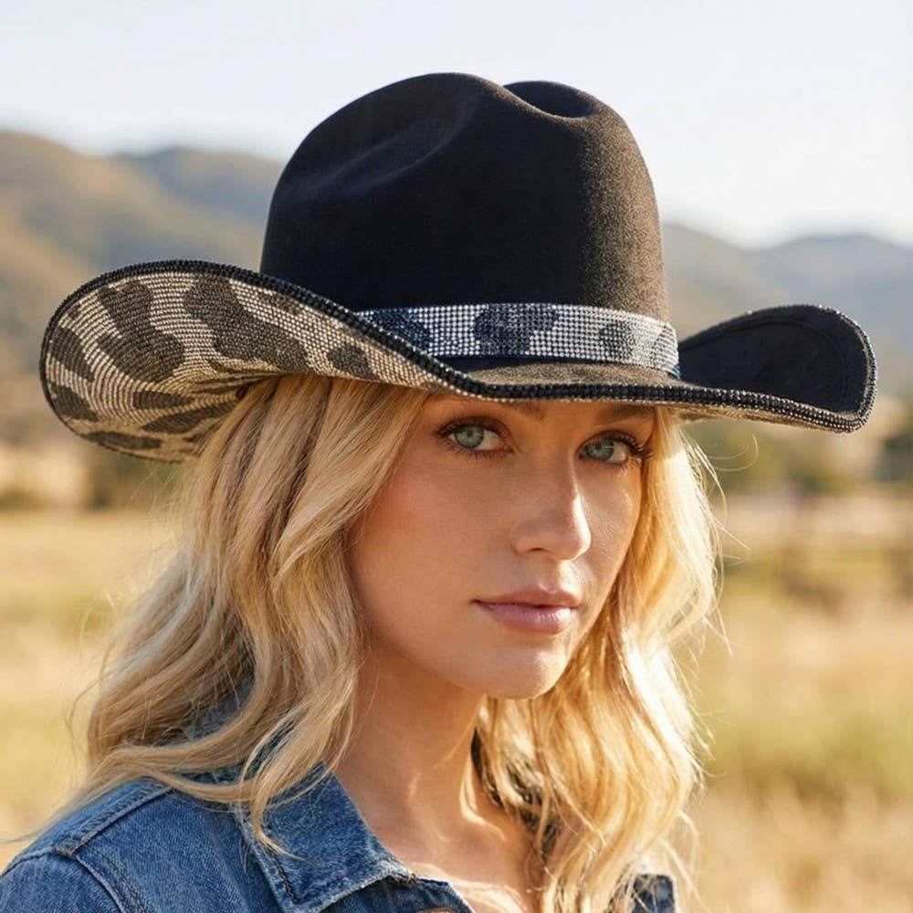 Pave Rhinestone Studded Cow Pattern Cowboy Hat- Black